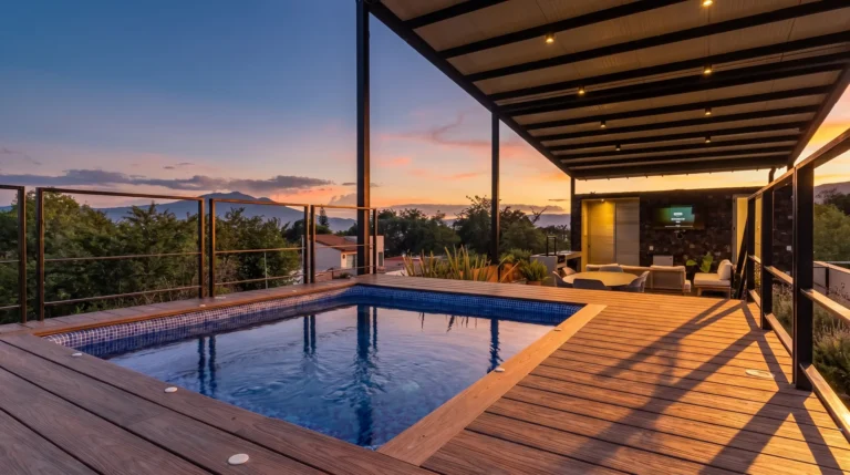 Jacuzzi bajo pérgola al atardecer en Cuatro Vientos, Ajijic