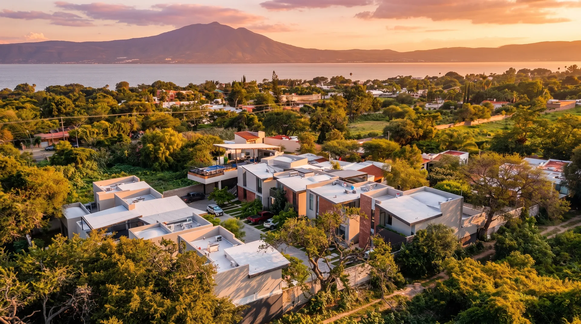 Vista aérea Lago de Chapala al atardecer en Cuatro Vientos, Ajijic